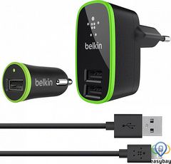 Сетевое зарядное устройство Belkin Travel charger 2USB 2.1A + Car charger 1USB 2.1A + Lightning cable Black