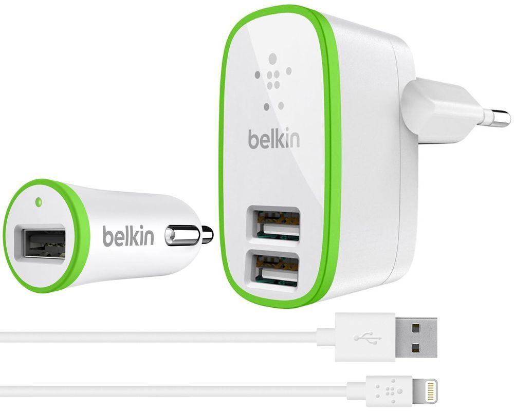 Сетевое зарядное устройство Belkin Travel charger 2USB 2.1A + Car charger 1USB 2.1A + Lightning cable White