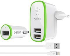 Сетевое зарядное устройство Belkin Travel charger 2USB 2.1A + Car charger 1USB 2.1A + Lightning cable White