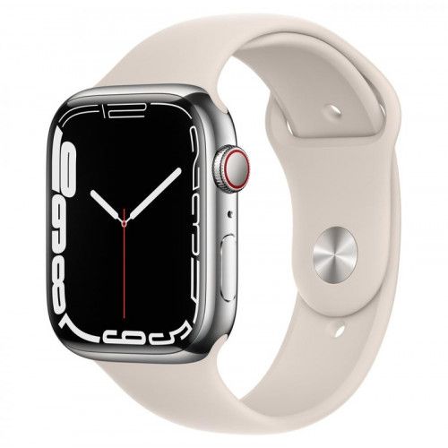 Apple Watch Series 7 GPS + Cellular 45mm Silver Stainless Steel Case w. Starlight Sport Band (MKJD3/MKJV3)